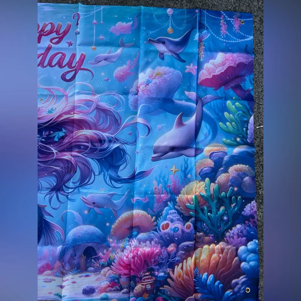 Mermaid & Dolphins Happy Birthday backdrop, 4 x 6,